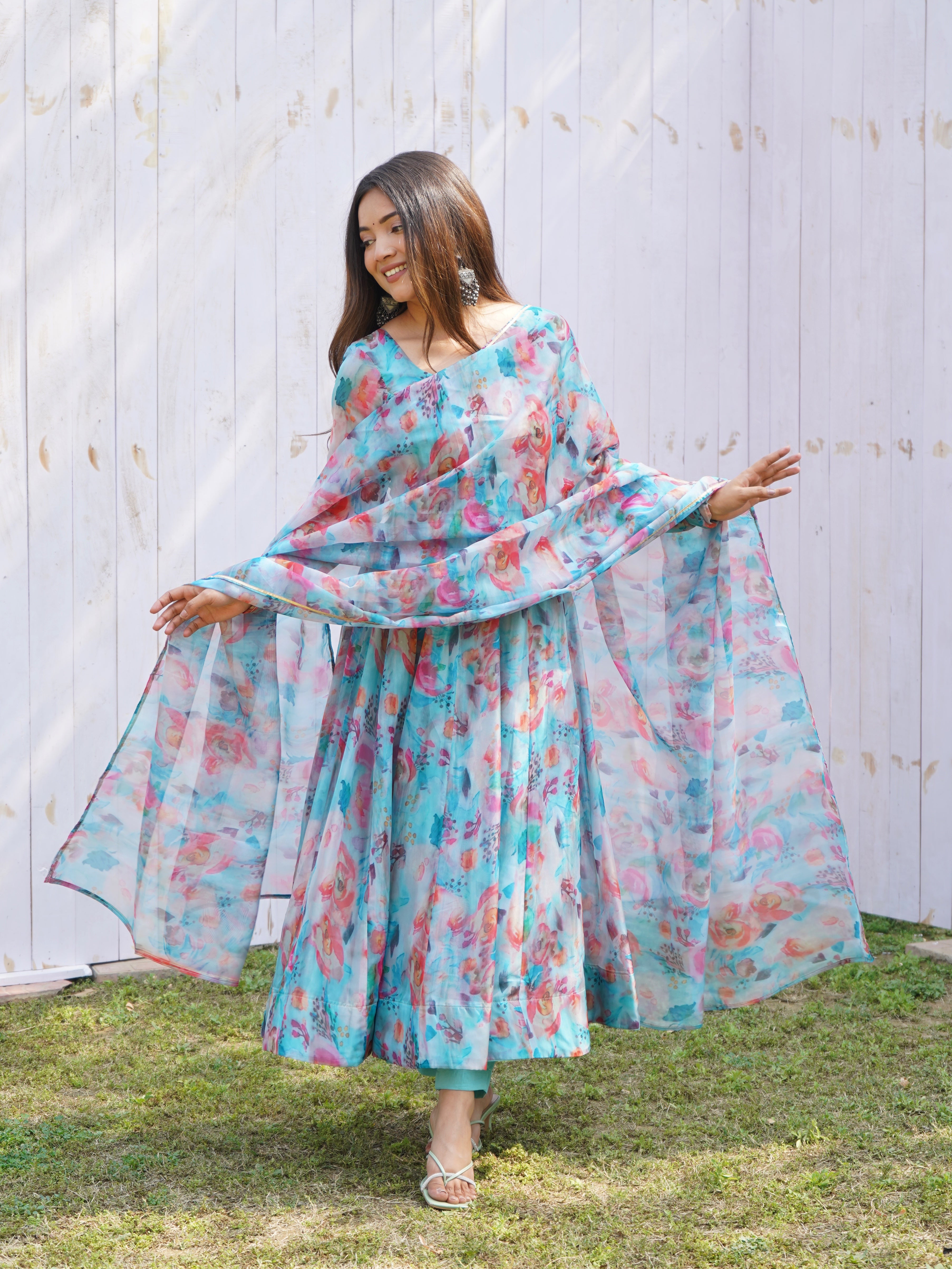 SKY FLORAL-Fully Stitched Ready To Wear Pure Soft Organza Silk Fabric Fully Flair Anarkali Gown Set.