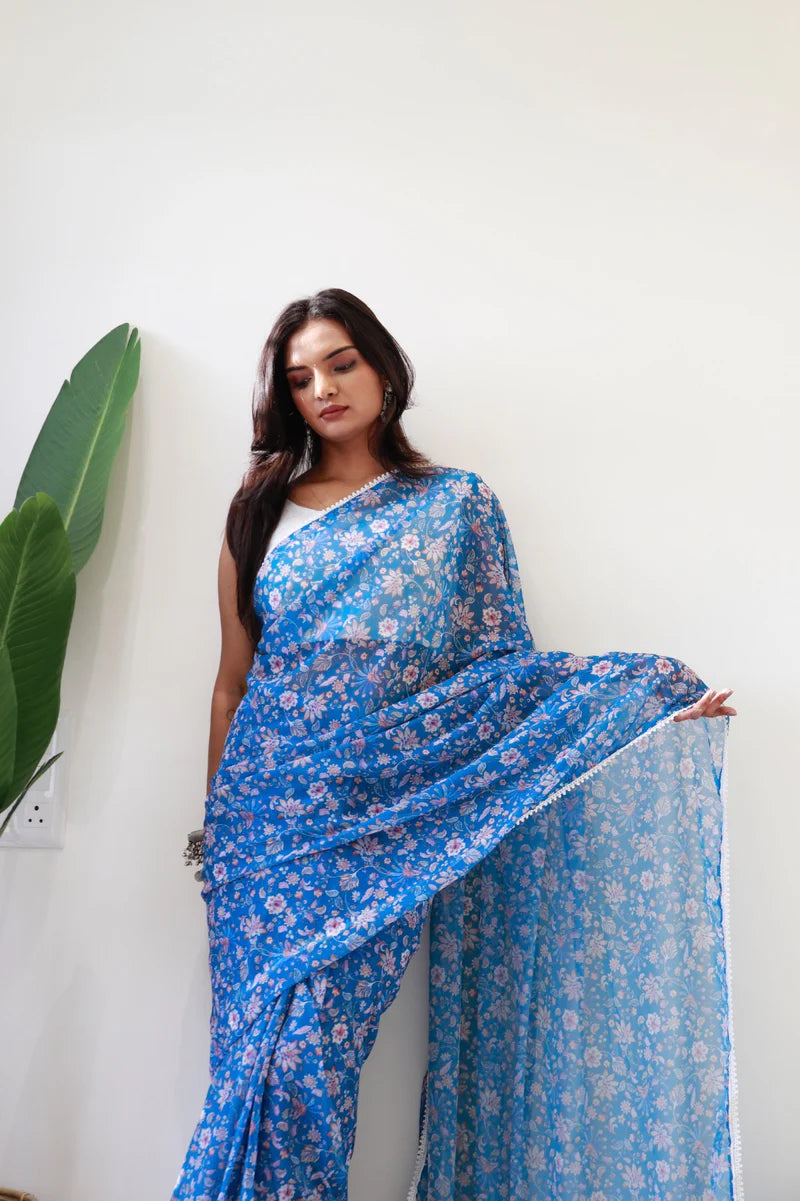 1 min ready to wear blue flower valley saree - blue flower valley