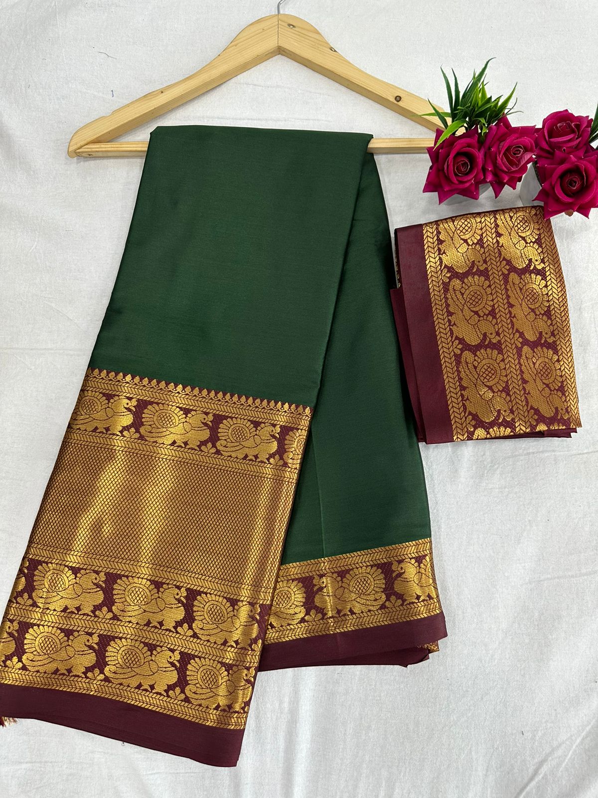 Green Brown Golden Design Kamini Cotton Silk Saree