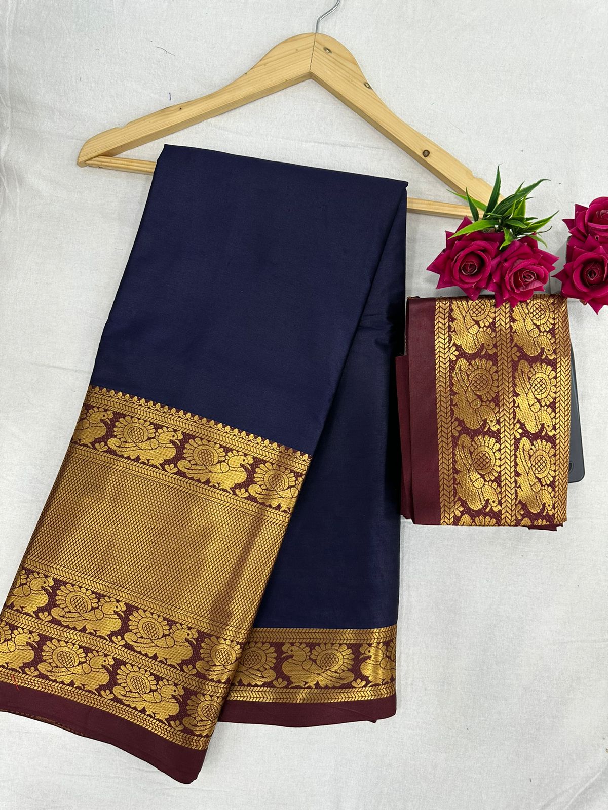 Navy Blue Brown Golden Design Kamini Cotton Silk Saree