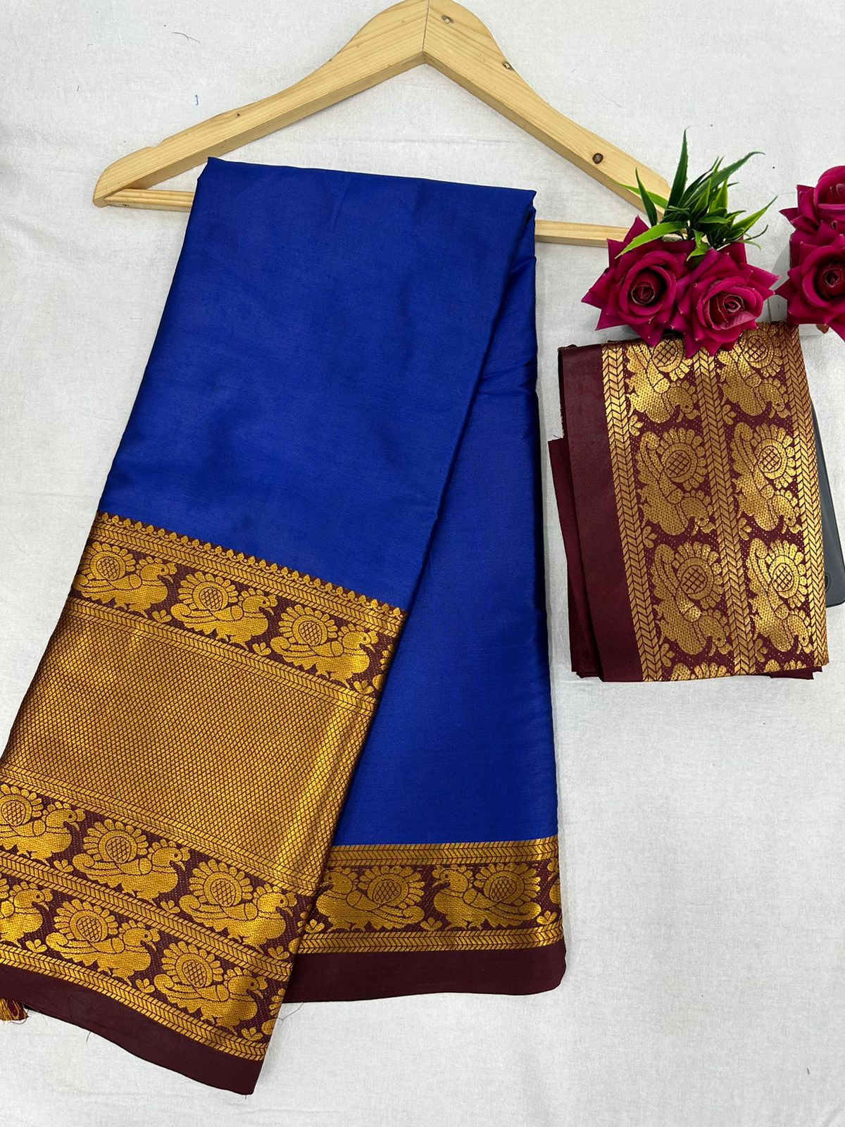 Royal Blue Brown Golden Design Kamini Cotton Silk Saree