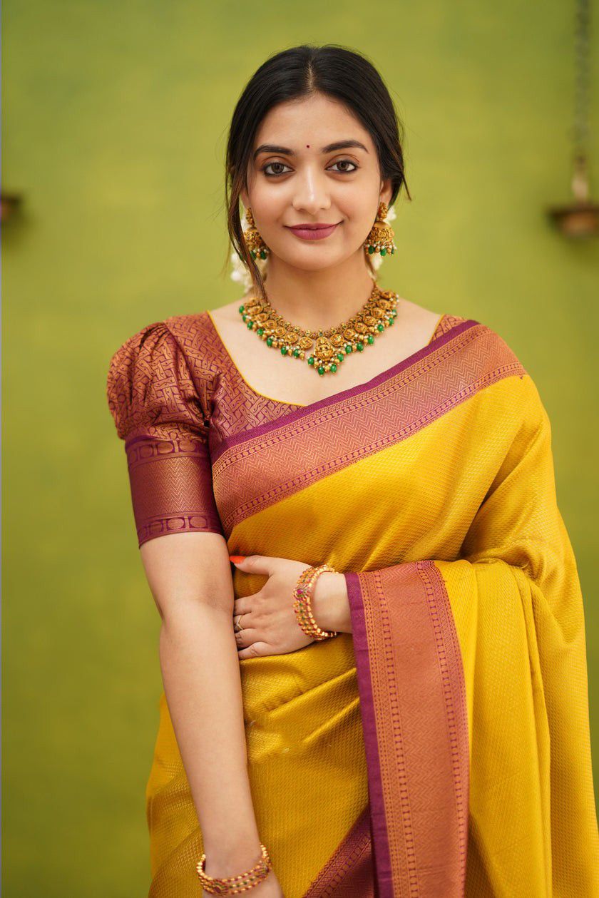 Yellow & Maroon Golden Boarder Anamika Pure Silk Saree