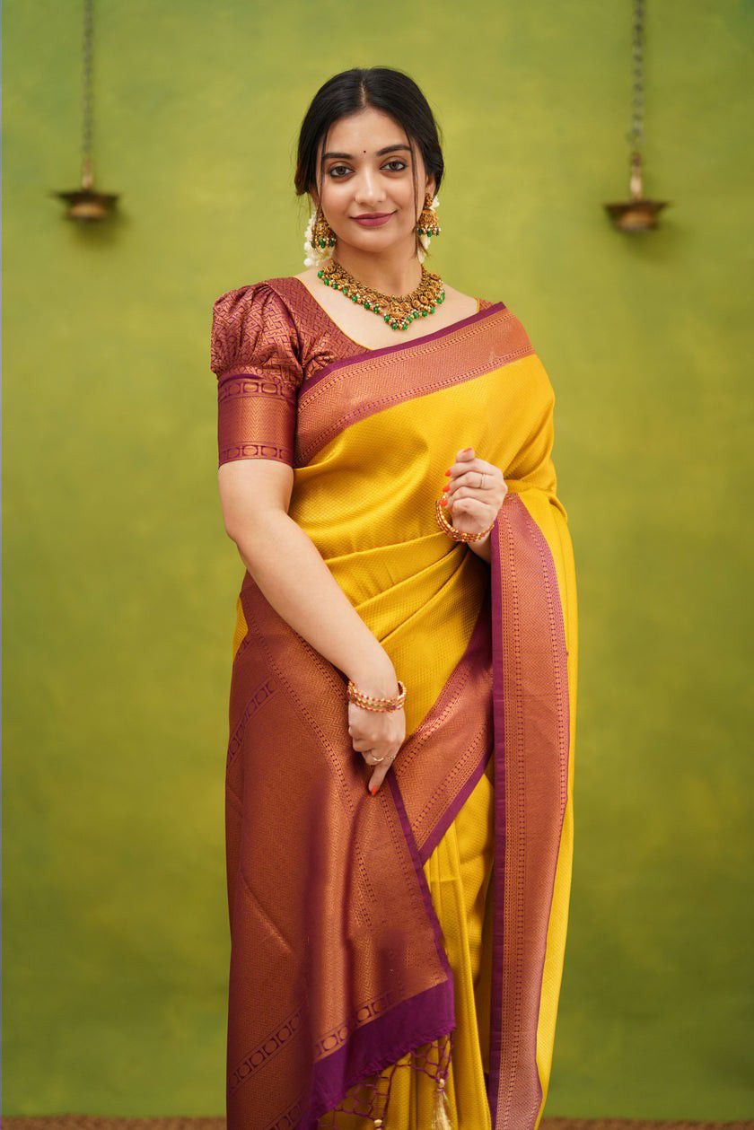 Yellow & Maroon Golden Boarder Anamika Pure Silk Saree