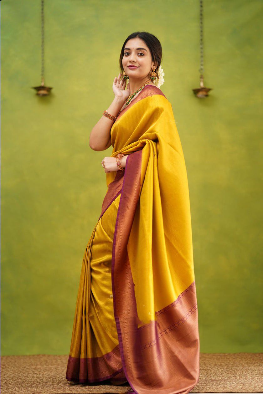 Yellow & Maroon Golden Boarder Anamika Pure Silk Saree