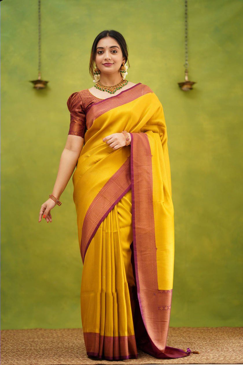 Yellow & Maroon Golden Boarder Anamika Pure Silk Saree