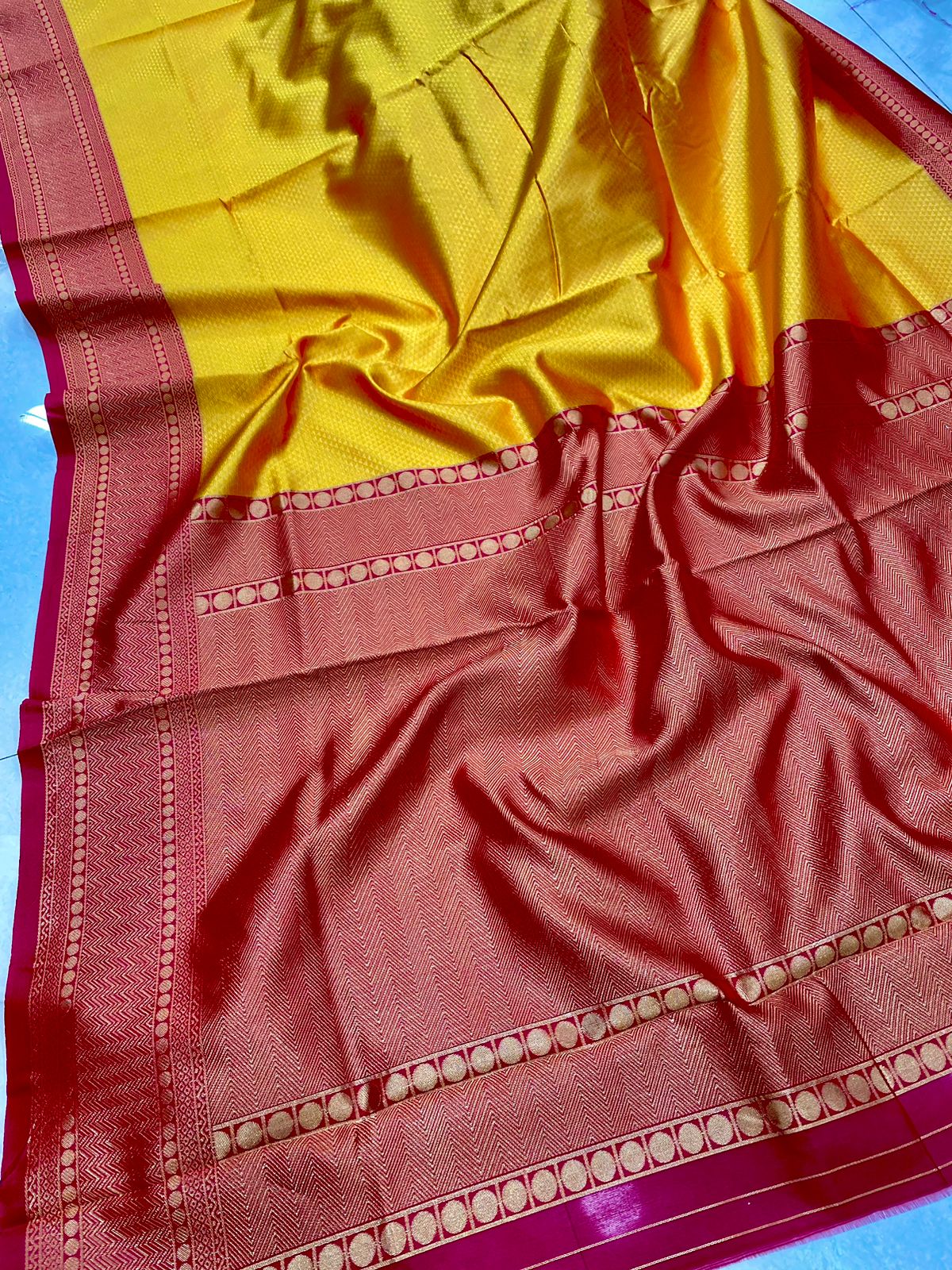 Yellow & Maroon Golden Boarder Anamika Pure Silk Saree