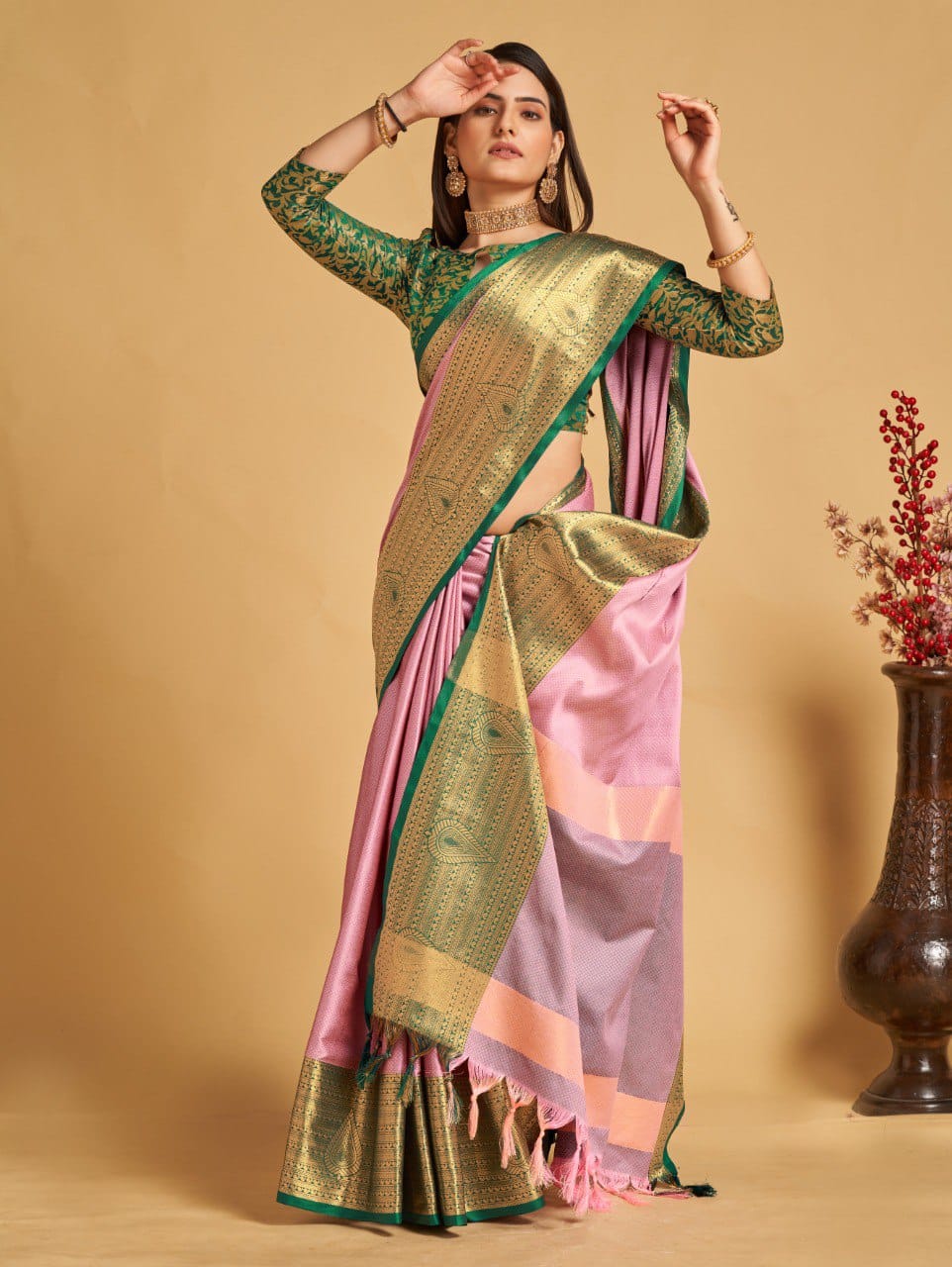 Baby Pink Golden Design Aanushi Kanjivaram Silk Saree