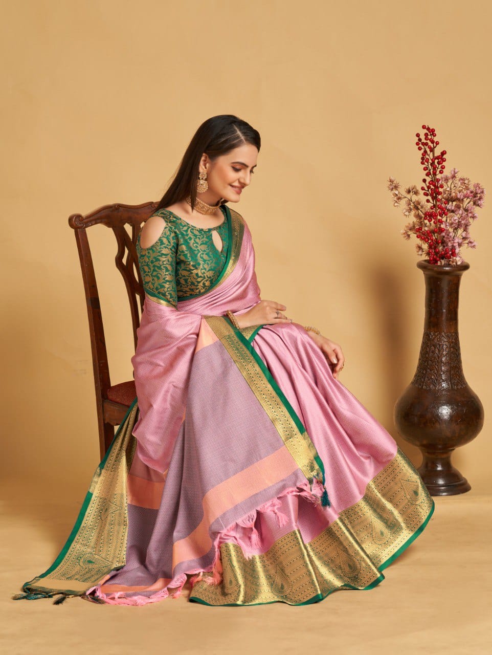 Baby Pink Golden Design Aanushi Kanjivaram Silk Saree