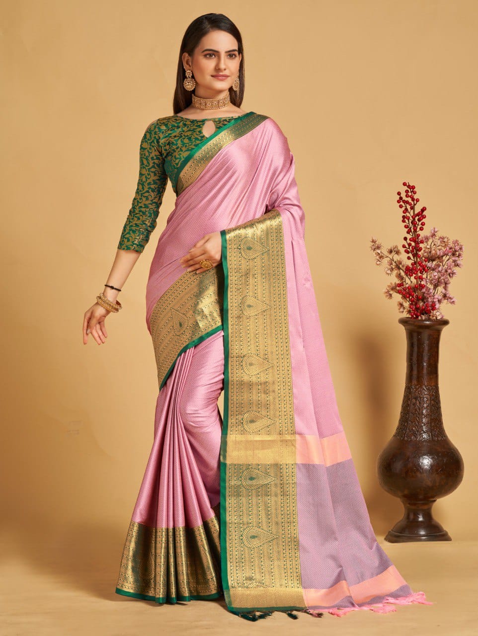 Baby Pink Golden Design Aanushi Kanjivaram Silk Saree