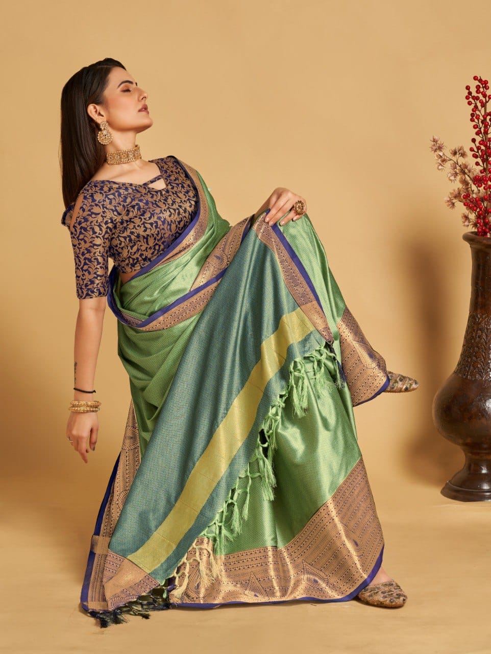 Pista Blue Golden Design Aanushi Kanjivaram Silk Saree