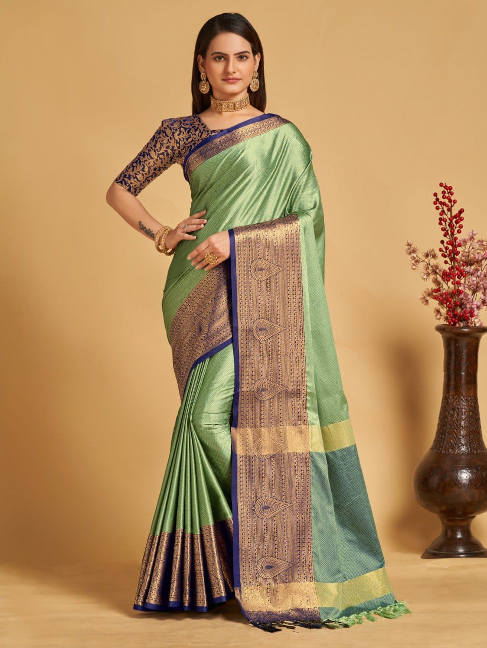 Pista Blue Golden Design Aanushi Kanjivaram Silk Saree