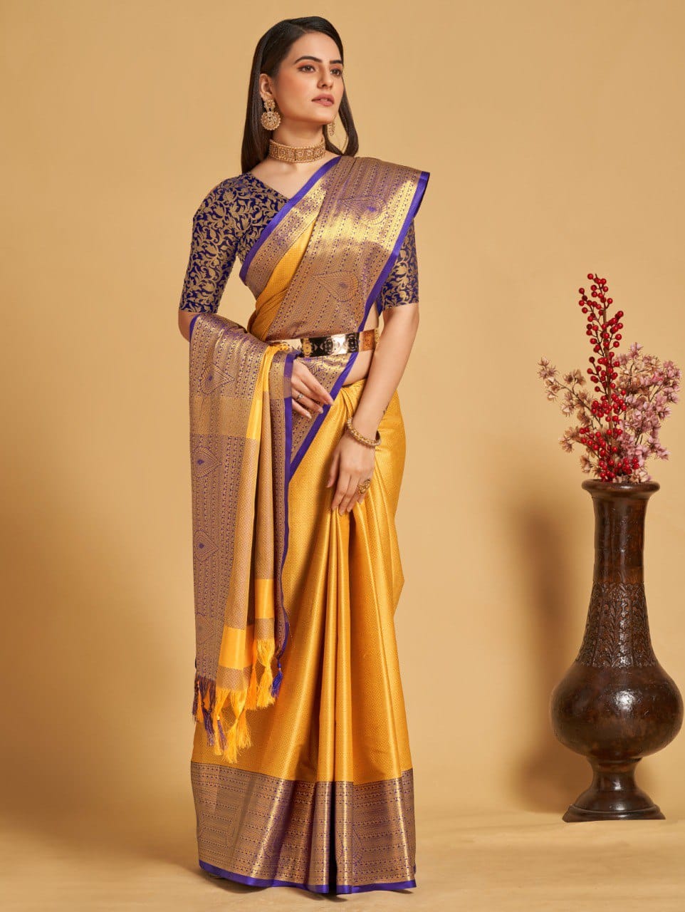 Yellow Blue Golden Design Aanushi Kanjivaram Silk Saree