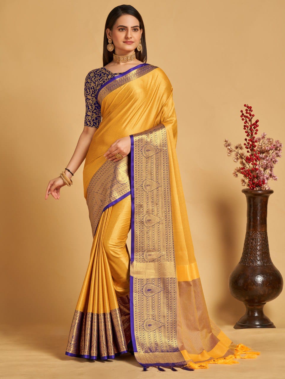 Yellow Blue Golden Design Aanushi Kanjivaram Silk Saree