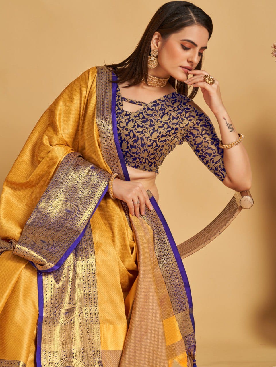 Yellow Blue Golden Design Aanushi Kanjivaram Silk Saree