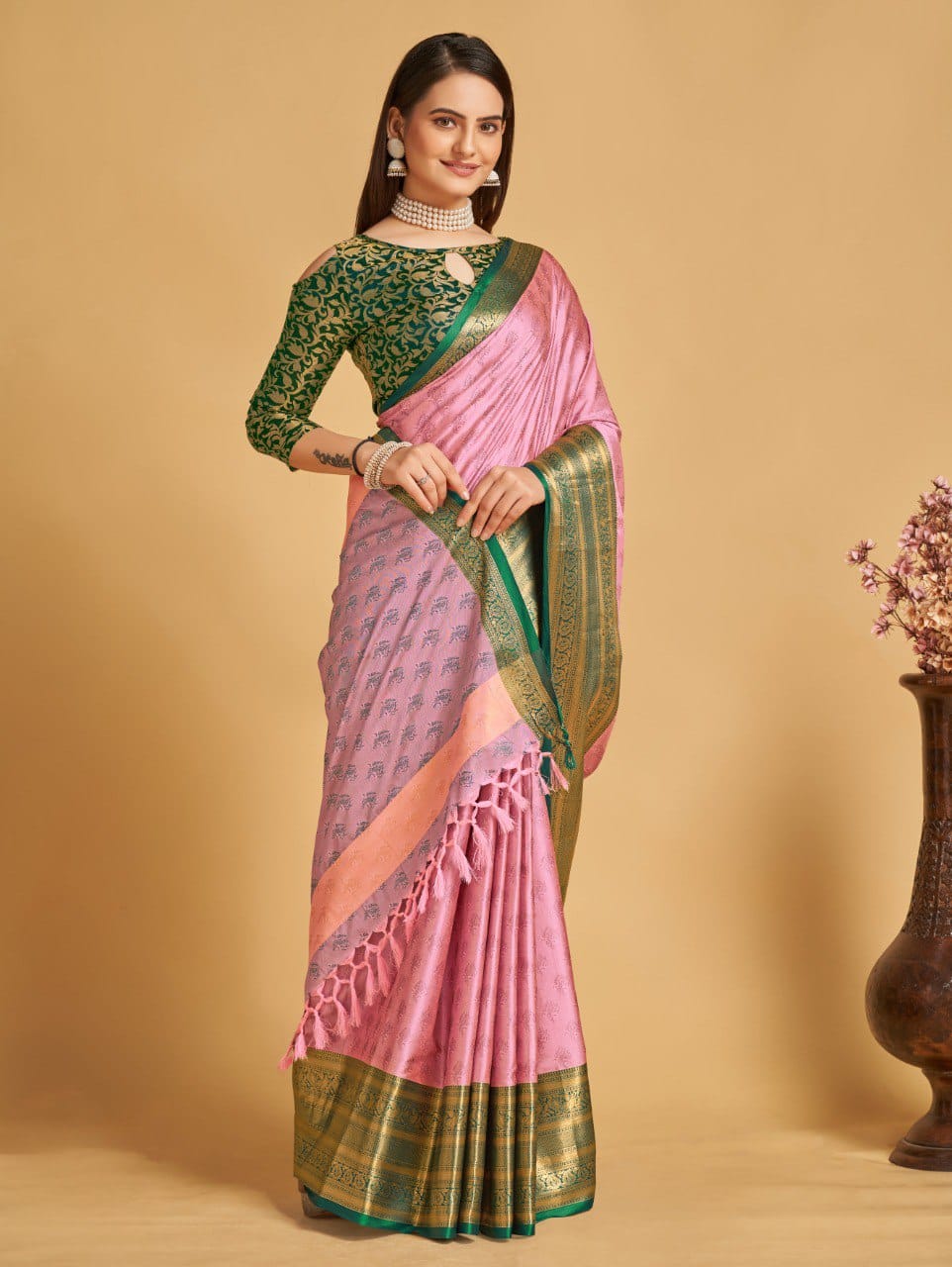 Baby Pink Golden Design Aarohi Kanjivaram Silk Saree