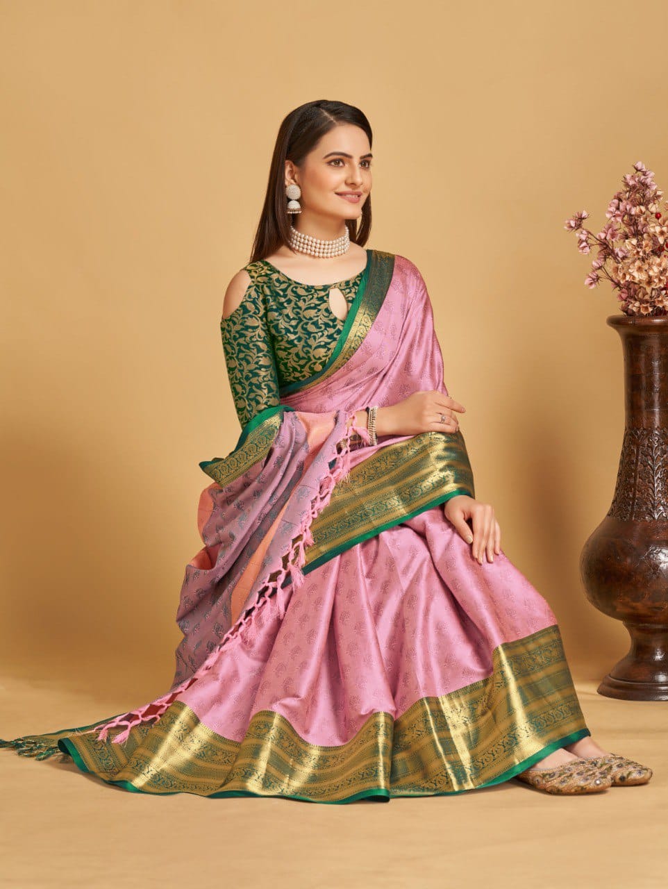 Baby Pink Golden Design Aarohi Kanjivaram Silk Saree