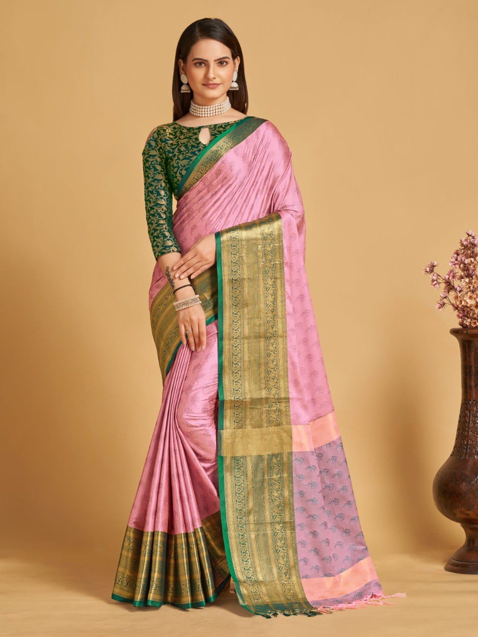 Baby Pink Golden Design Aarohi Kanjivaram Silk Saree