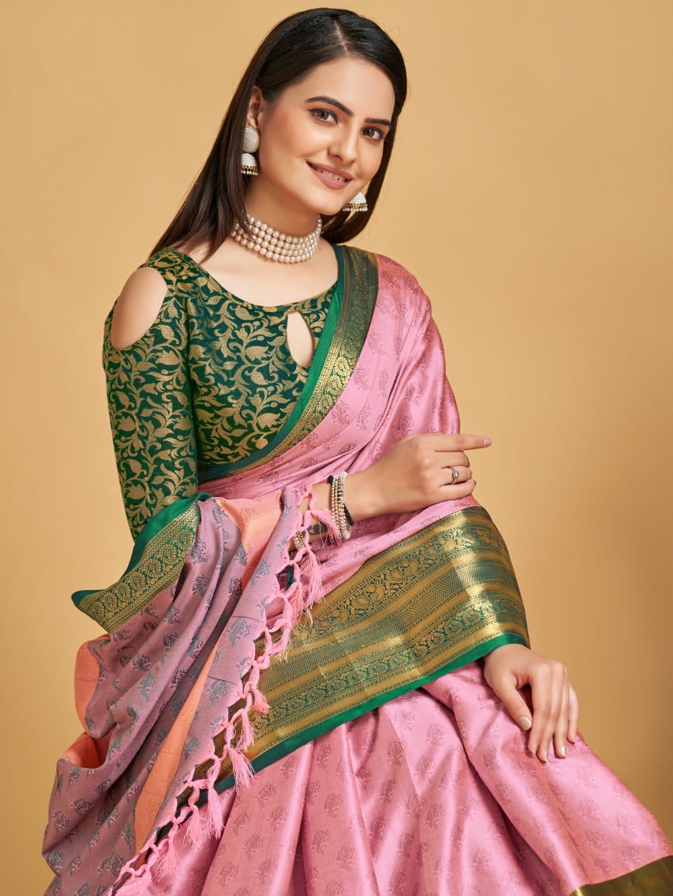 Baby Pink Golden Design Aarohi Kanjivaram Silk Saree