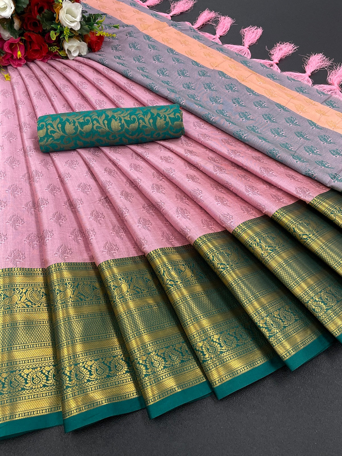 Baby Pink Golden Design Aarohi Kanjivaram Silk Saree