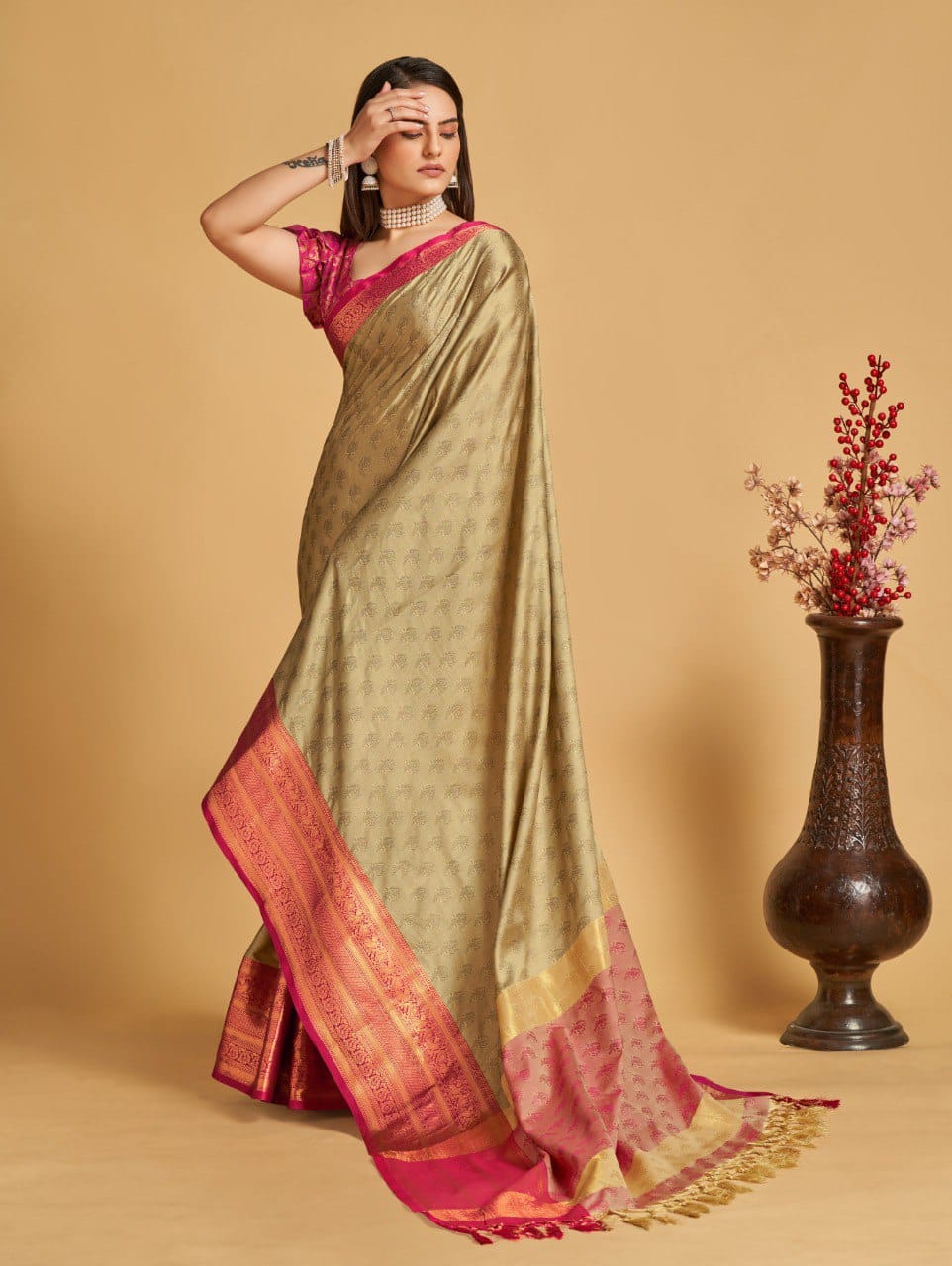 Chiku Pink Golden Design Aarohi Kanjivaram Silk Saree