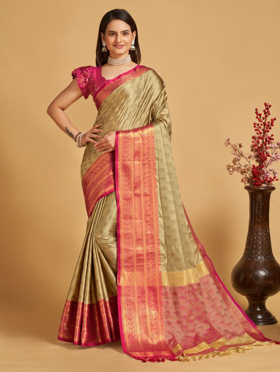 Chiku Pink Golden Design Aarohi Kanjivaram Silk Saree