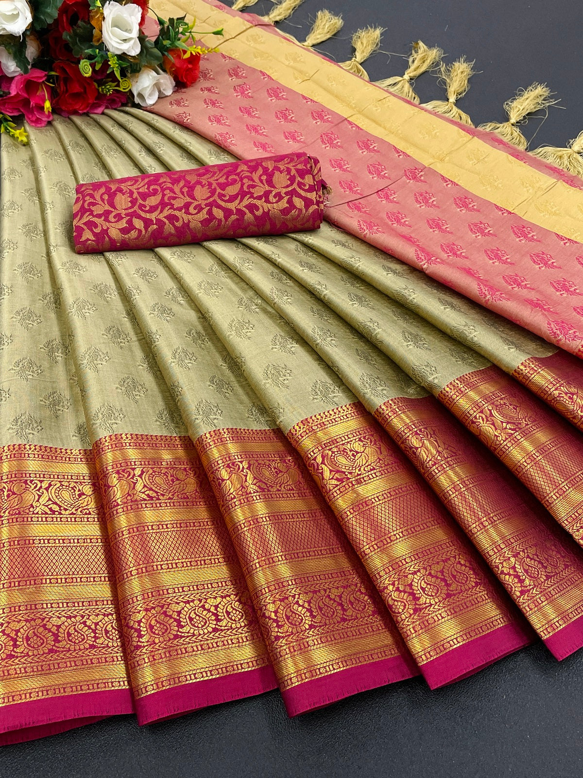 Chiku Pink Golden Design Aarohi Kanjivaram Silk Saree