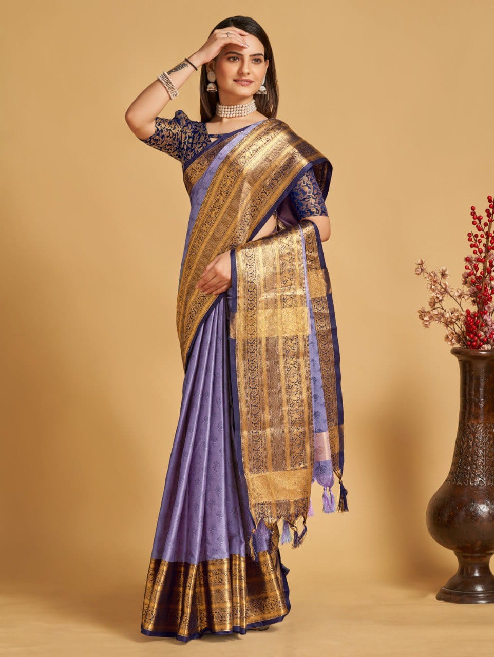 Lavender Blue Golden Design Aarohi Kanjivaram Silk Saree