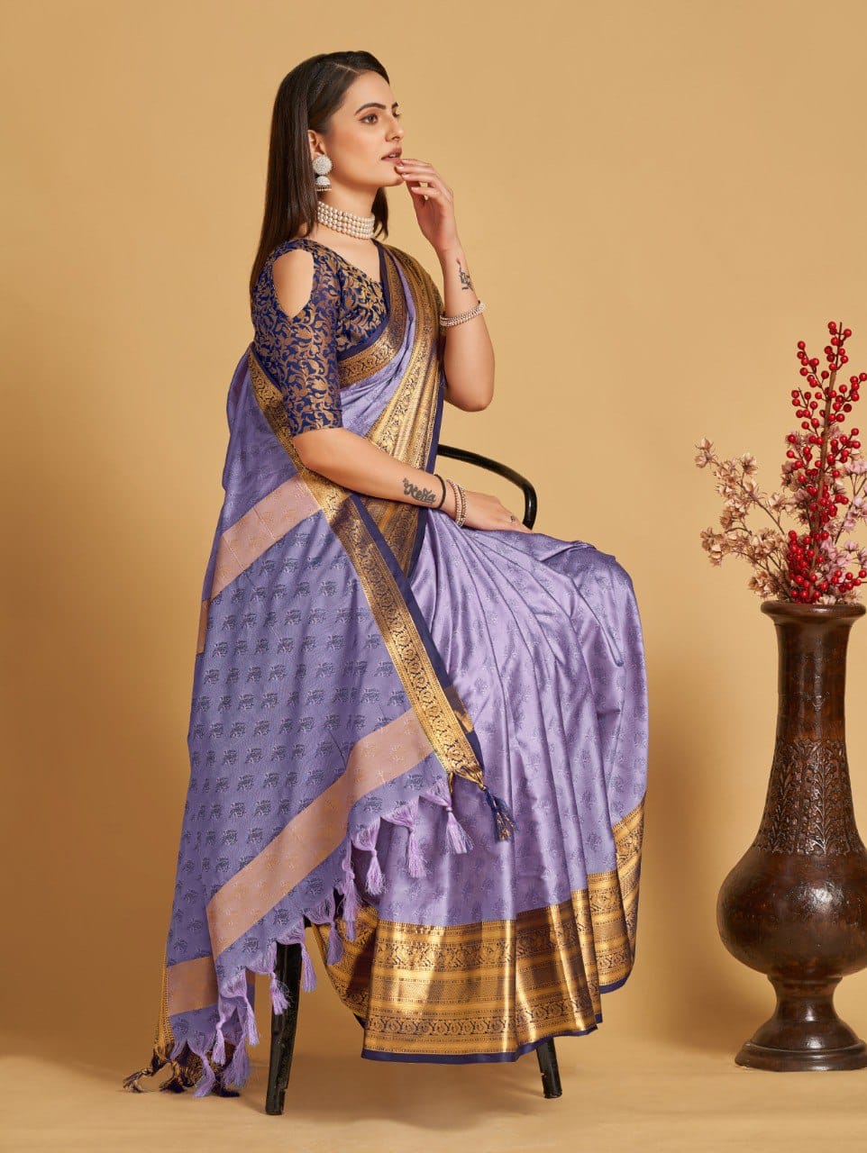 Lavender Blue Golden Design Aarohi Kanjivaram Silk Saree