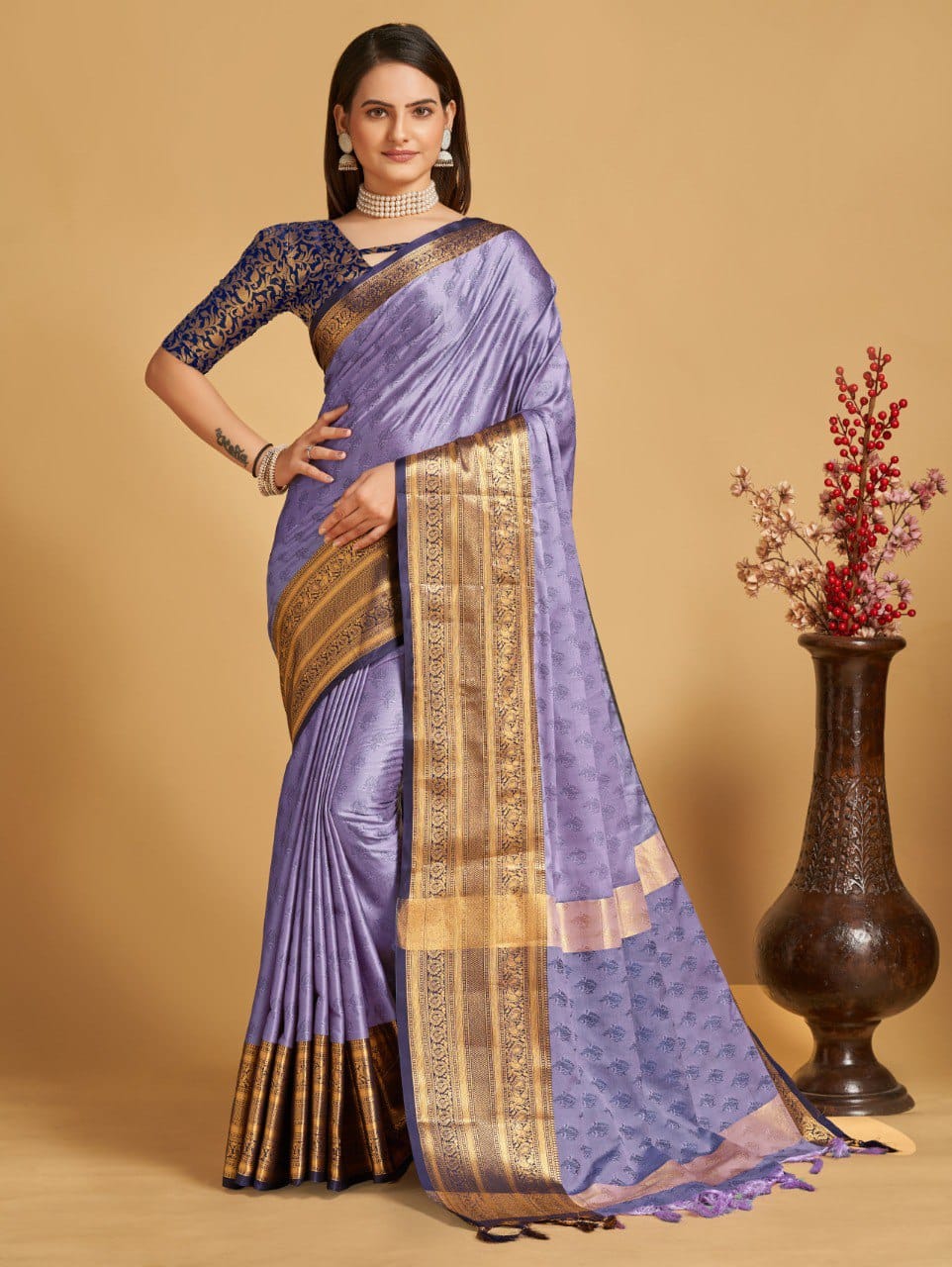 Lavender Blue Golden Design Aarohi Kanjivaram Silk Saree