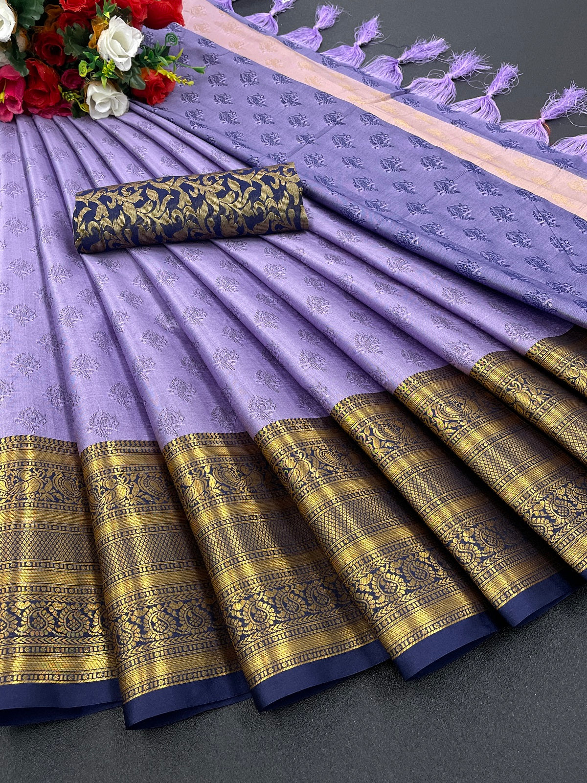 Lavender Blue Golden Design Aarohi Kanjivaram Silk Saree