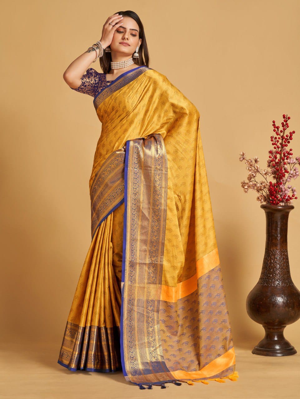 Mustard Blue Golden Design Aarohi Kanjivaram Silk Saree