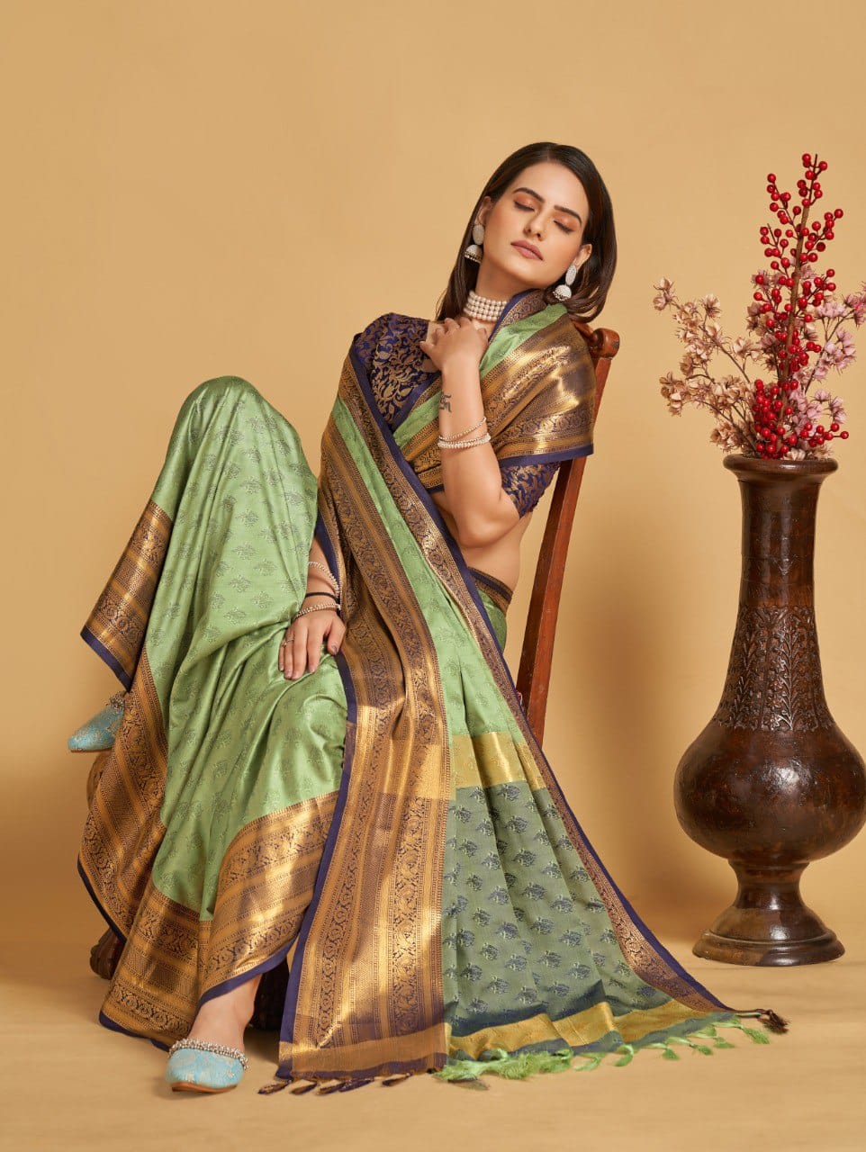 Pista Blue Golden Design Aarohi Kanjivaram Silk Saree