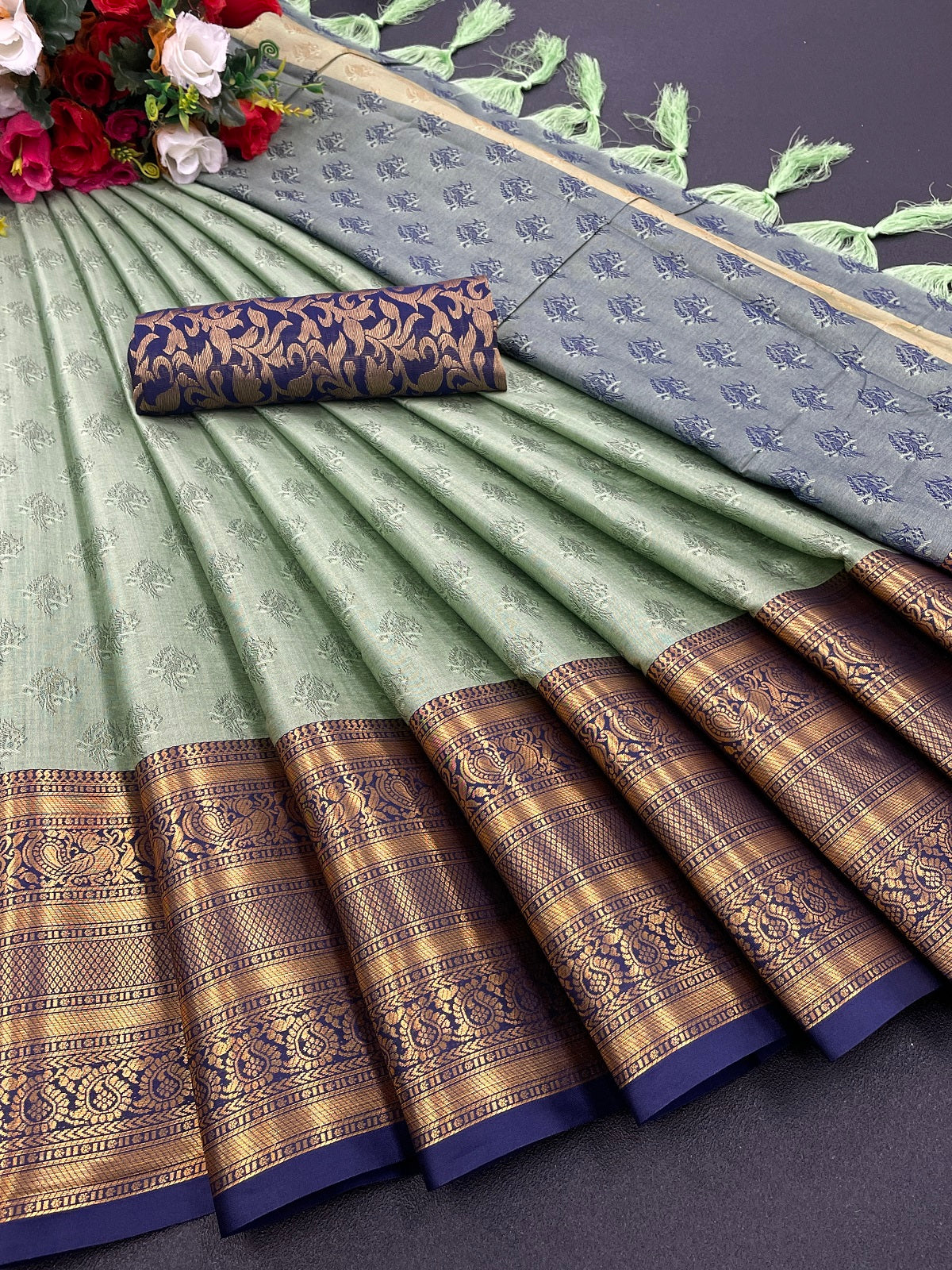 Pista Blue Golden Design Aarohi Kanjivaram Silk Saree