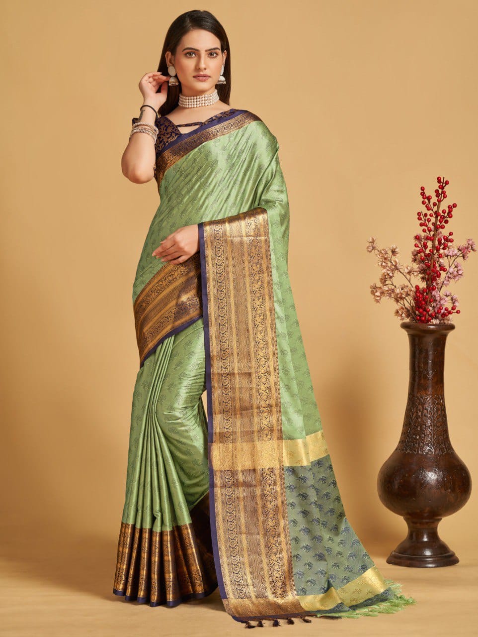 Pista Blue Golden Design Aarohi Kanjivaram Silk Saree