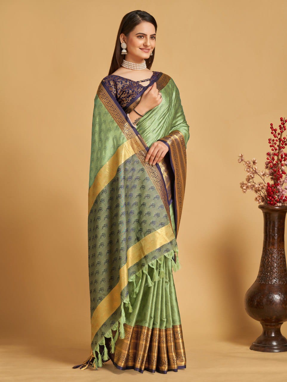 Pista Blue Golden Design Aarohi Kanjivaram Silk Saree