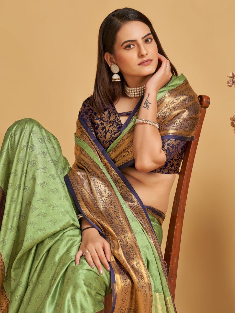 Pista Blue Golden Design Aarohi Kanjivaram Silk Saree