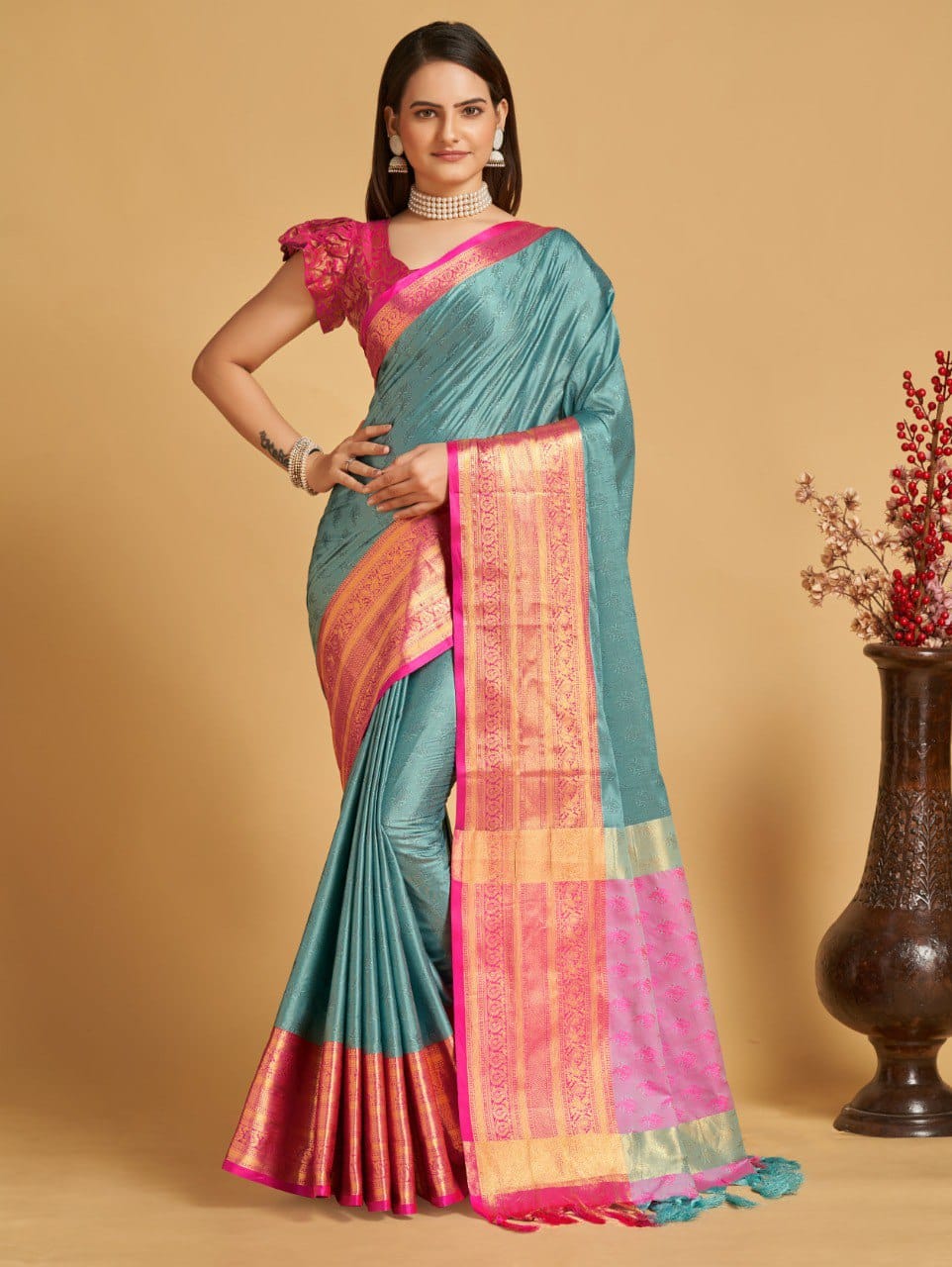 Sky Pink Golden Design Aarohi Kanjivaram Silk Saree