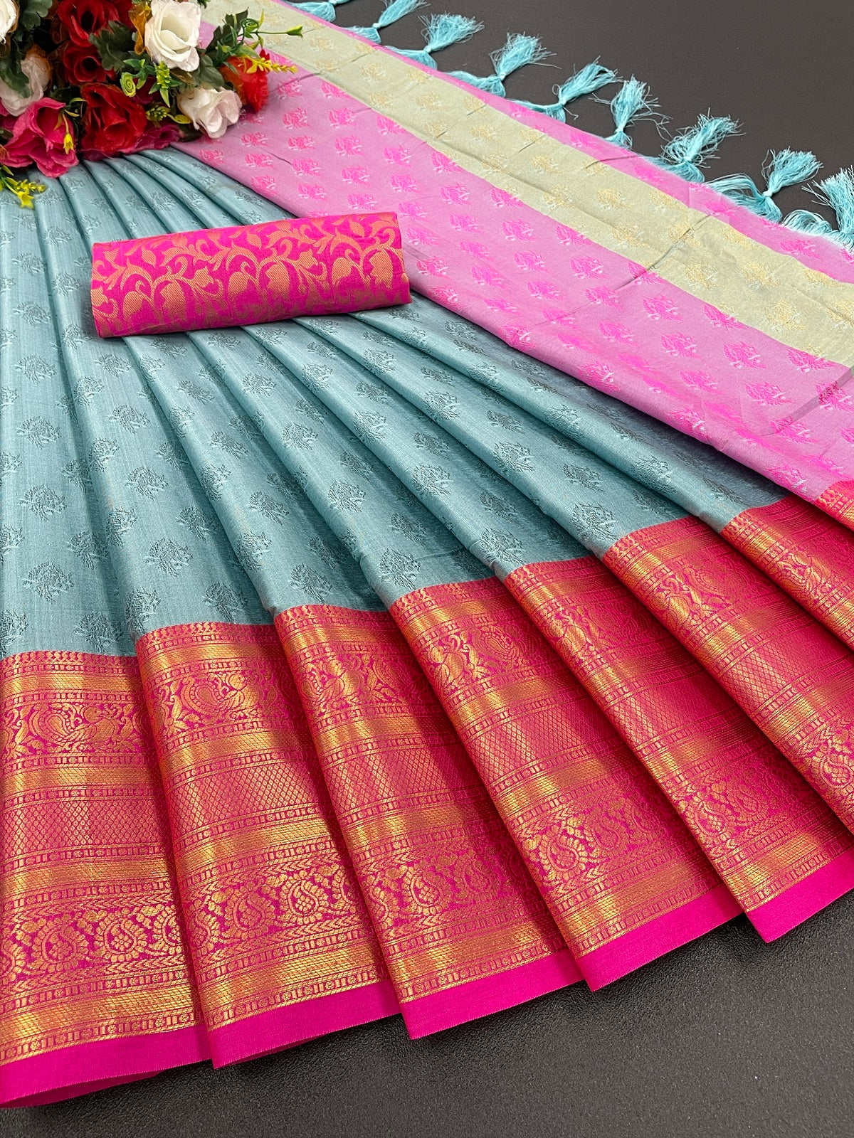 Sky Pink Golden Design Aarohi Kanjivaram Silk Saree