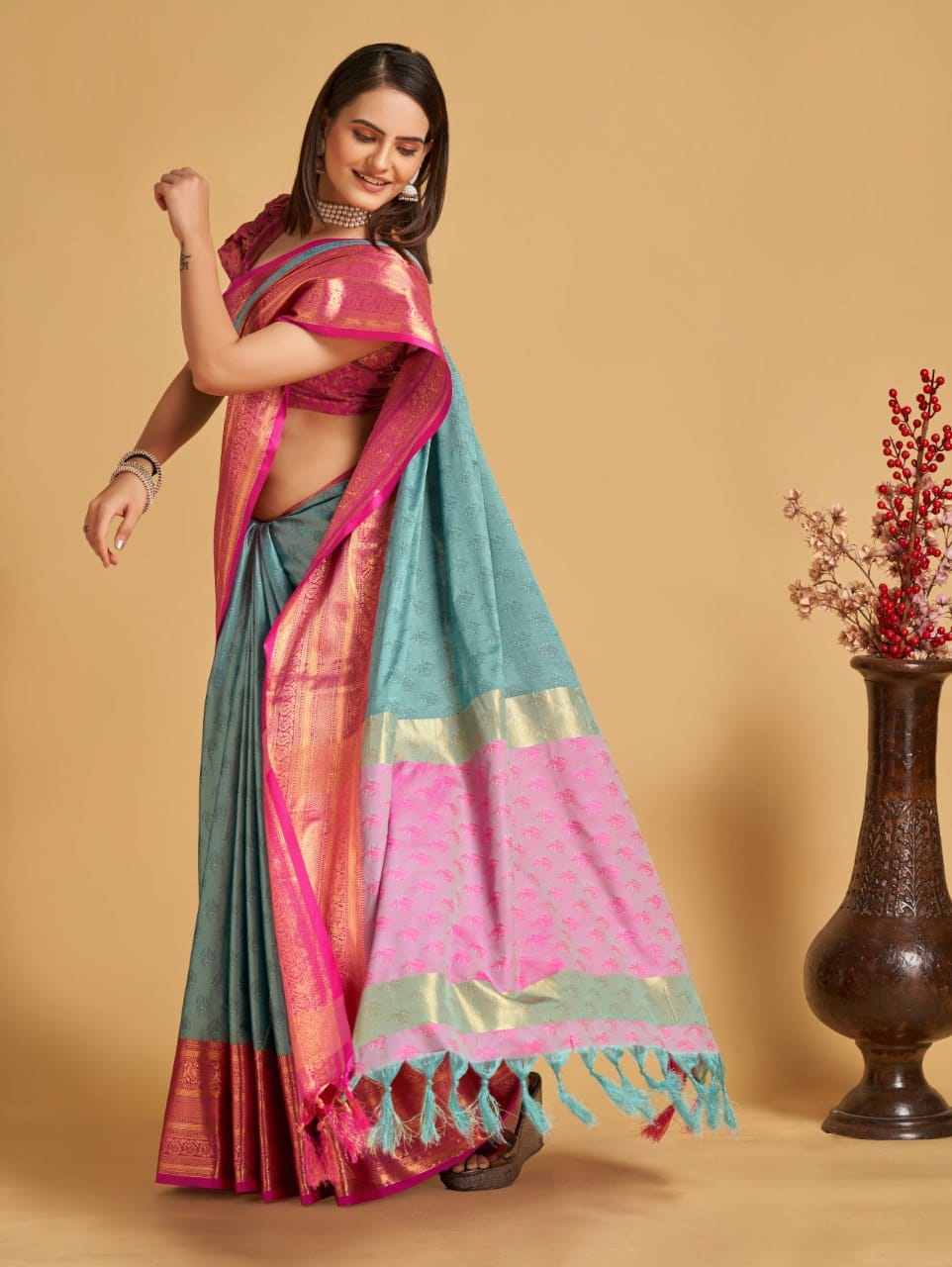 Sky Pink Golden Design Aarohi Kanjivaram Silk Saree