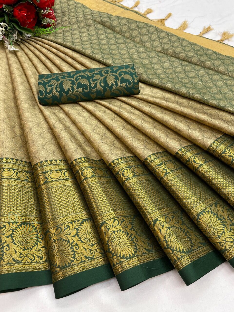 Chiku Green Copper Design Avani Kanjivaram Silk Saree