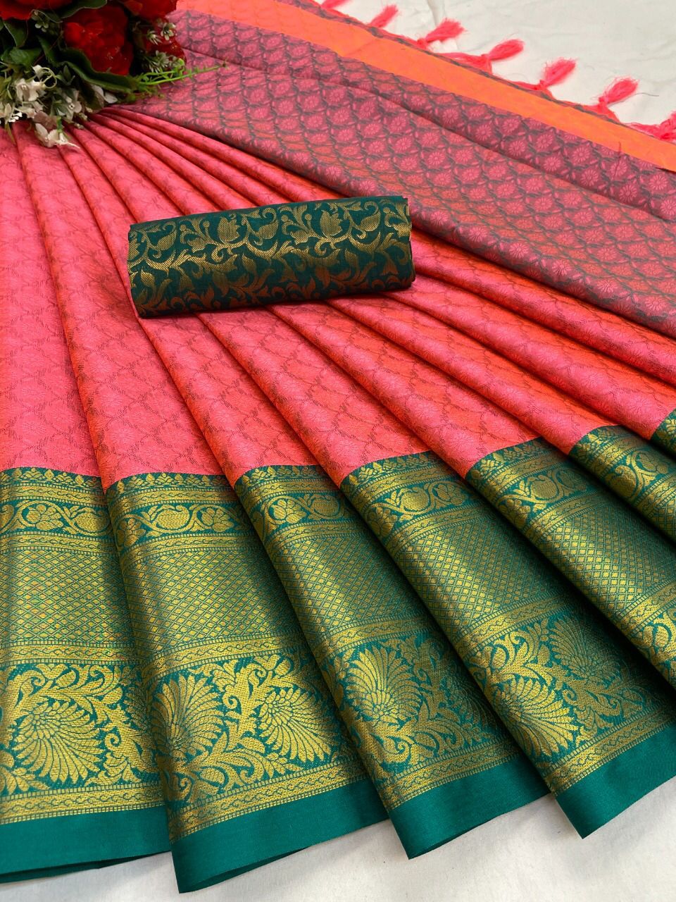 Peach Green Copper Design Avani Kanjivaram Silk Saree