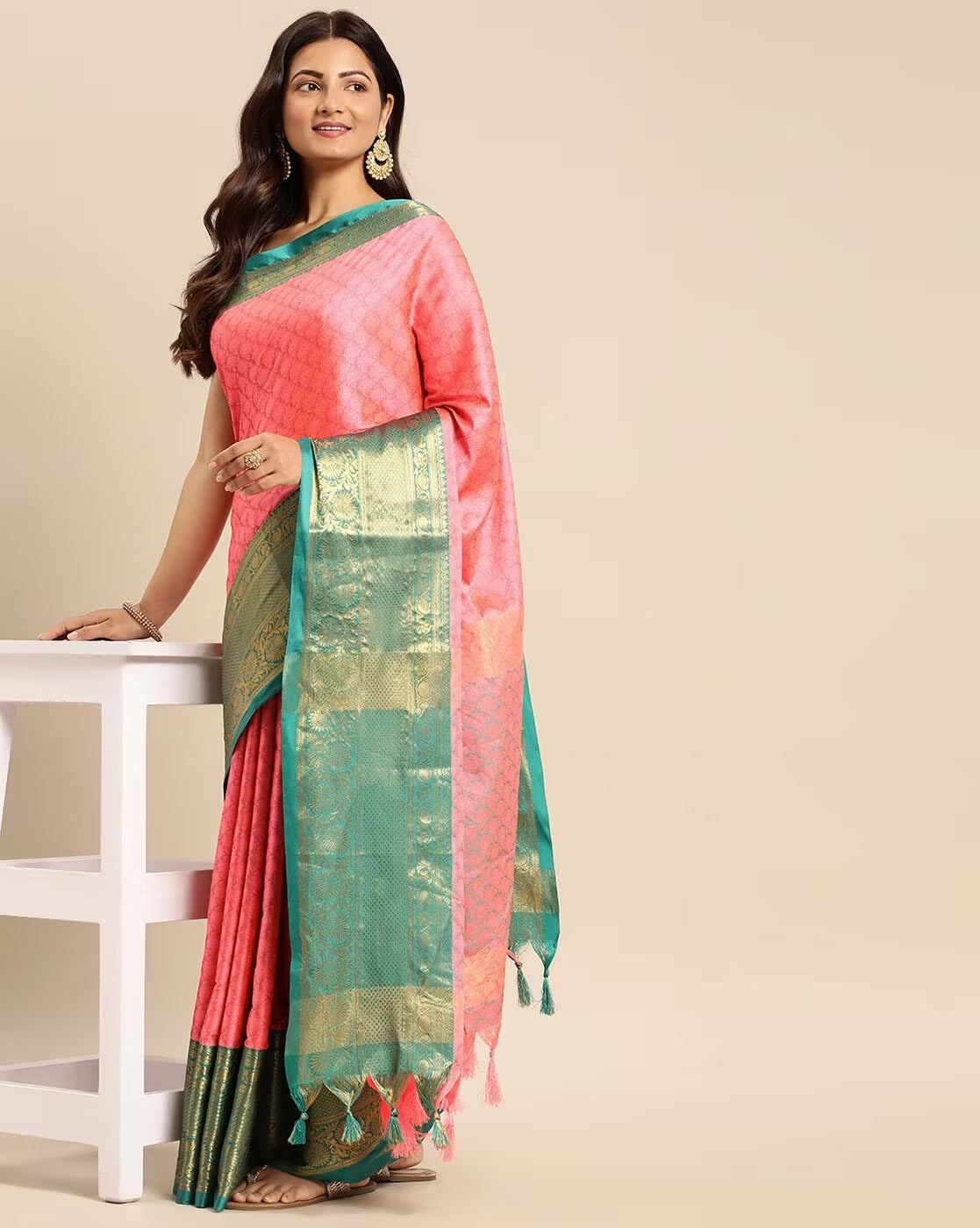 Peach Green Copper Design Avani Kanjivaram Silk Saree