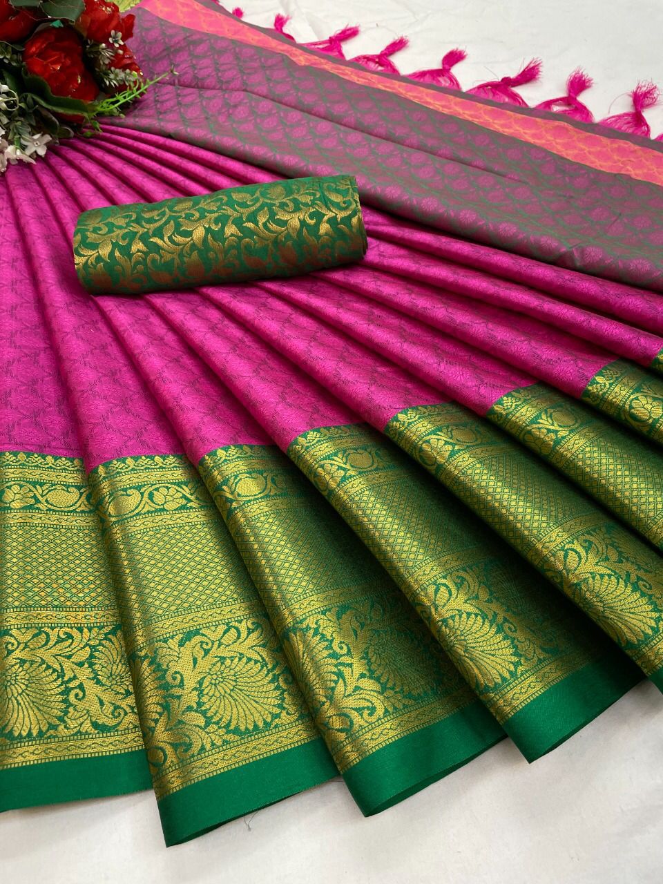 Pink Green Copper Design Avani Kanjivaram Silk Saree