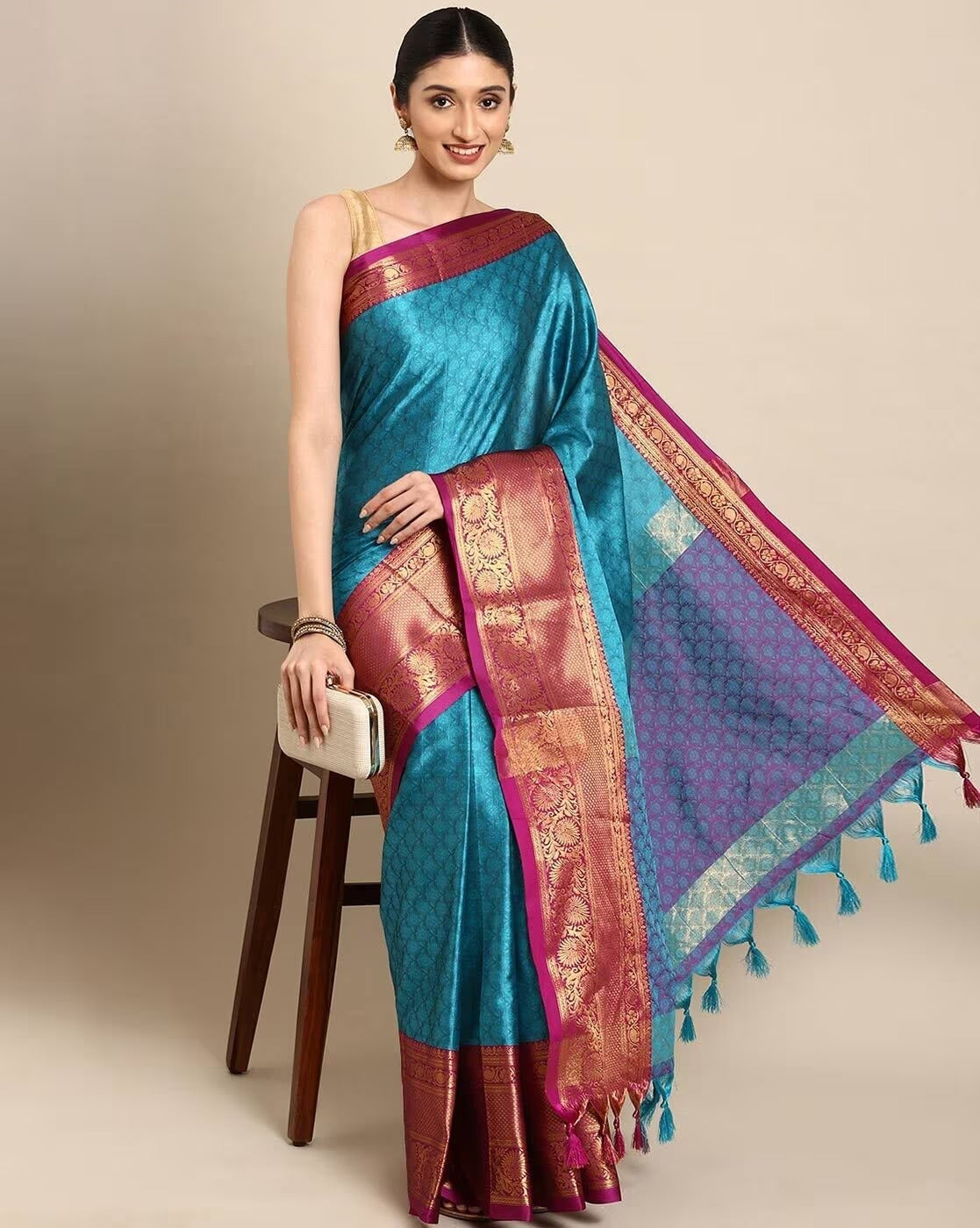 Sky Pink Copper Design Avani Kanjivaram Silk Saree