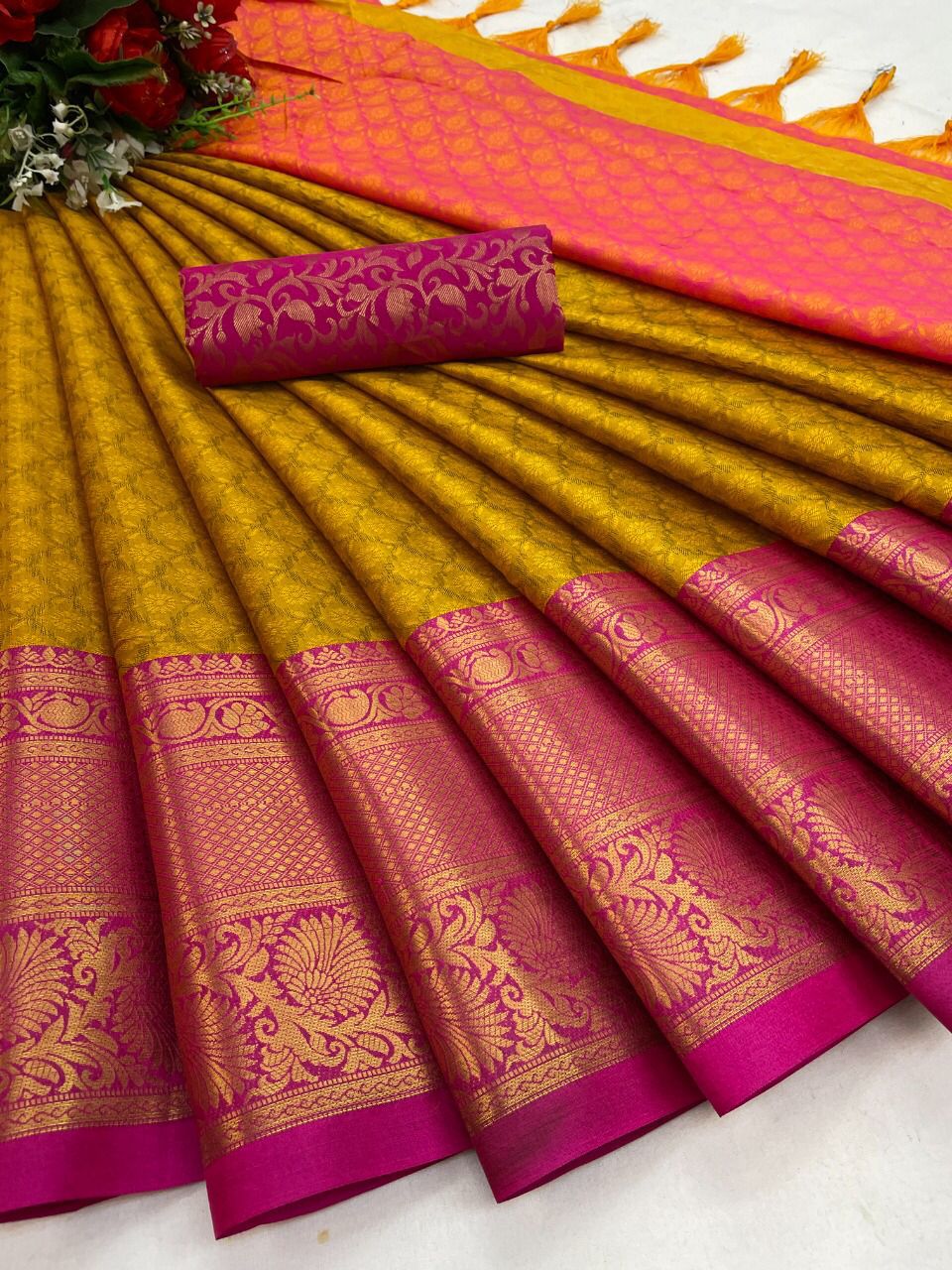 Yellow Pink Copper Design Avani Kanjivaram Silk Saree