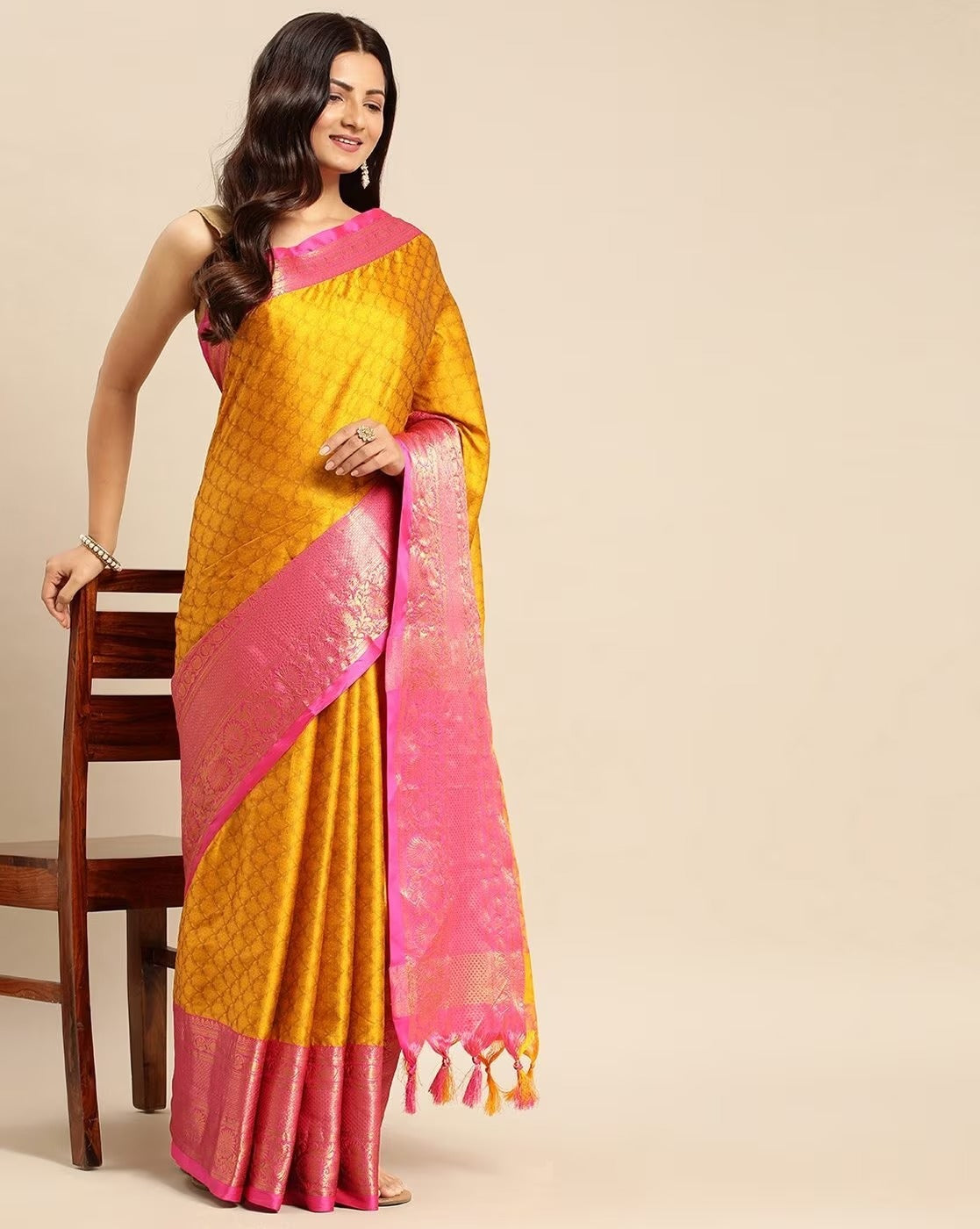 Yellow Pink Copper Design Avani Kanjivaram Silk Saree