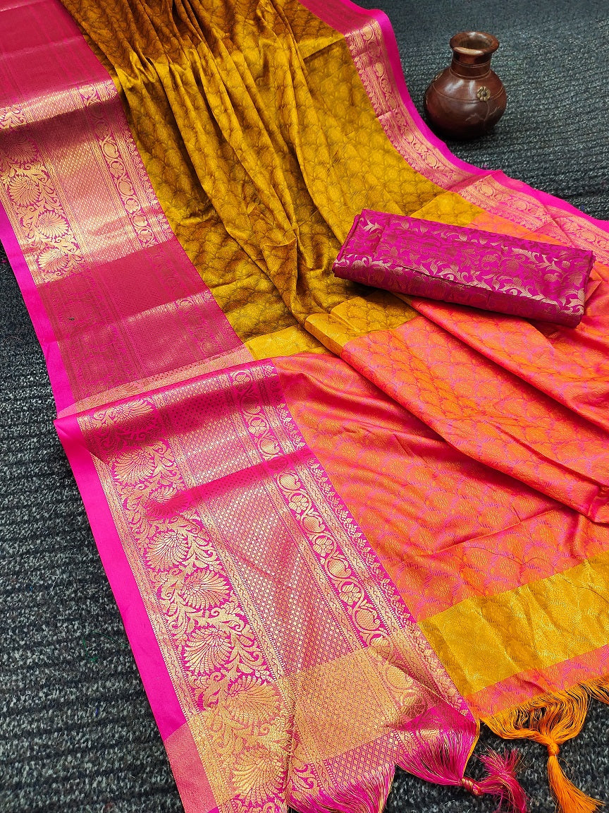 Yellow Pink Copper Design Avani Kanjivaram Silk Saree