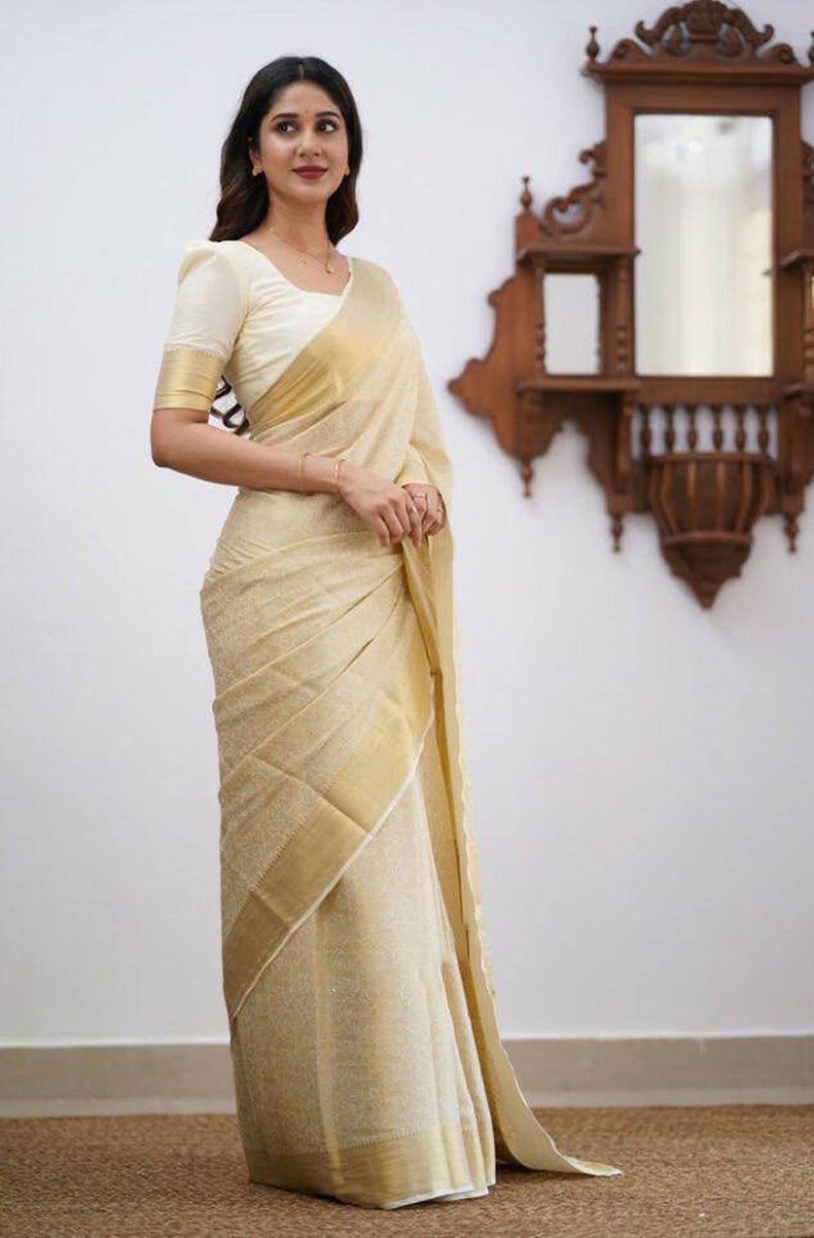 Off white Yellow Boarder Aayana Pure Silk Saree