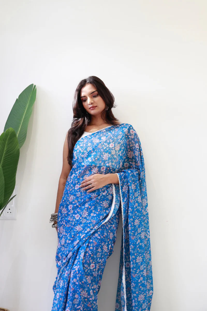 1 min ready to wear blue flower valley saree - blue flower valley