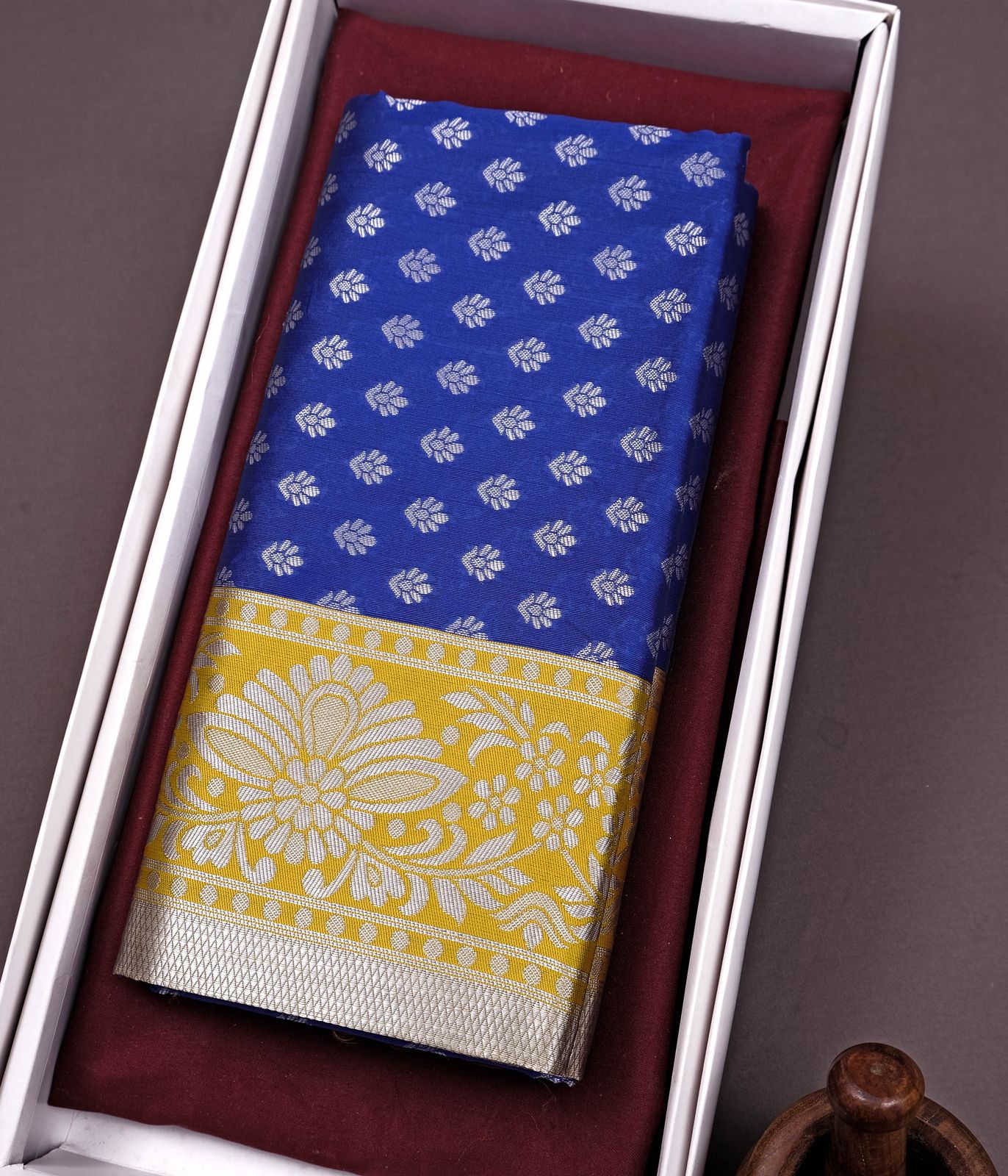 Blue & Yellow Golden Boarder Bangoli Pure Silk Saree